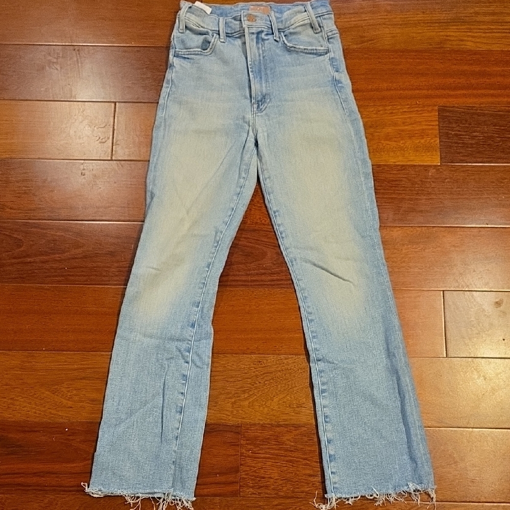 MOTHER "The Hustler" Light Blue Frayed Hem Flare Jeans